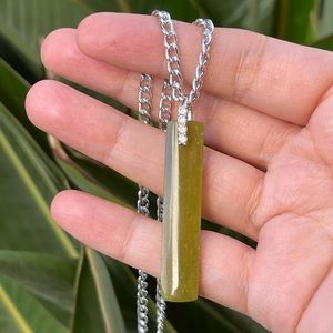 Olive green Korean jade sterling silver cubic zirconia pendant and chain